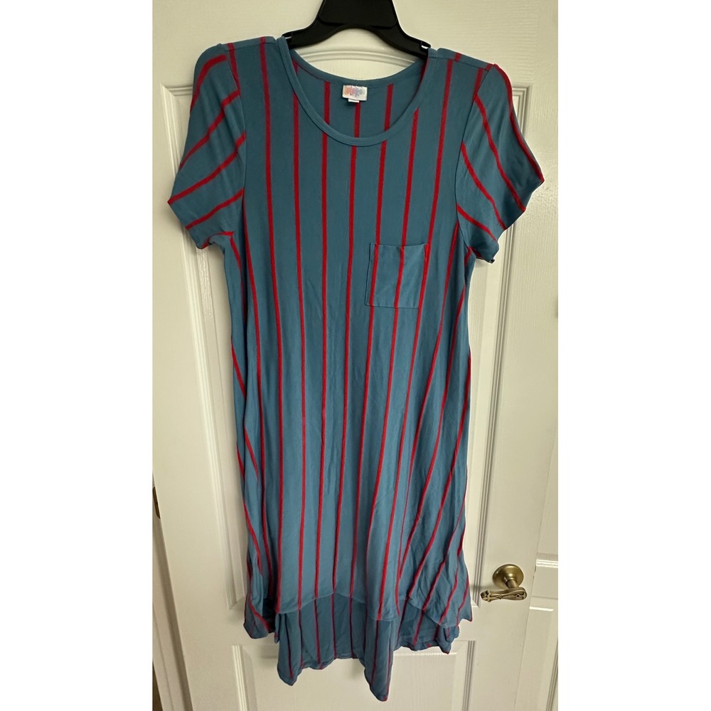 LuLaRoe Carly L Dusty Blue Red Stripe Swing‎ T-Shirt Dress High Low Pocket
